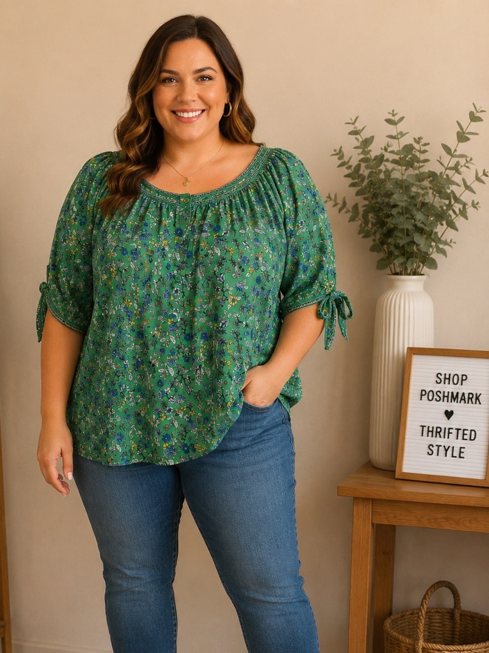 Max Studio Green Floral Peasant Blouse